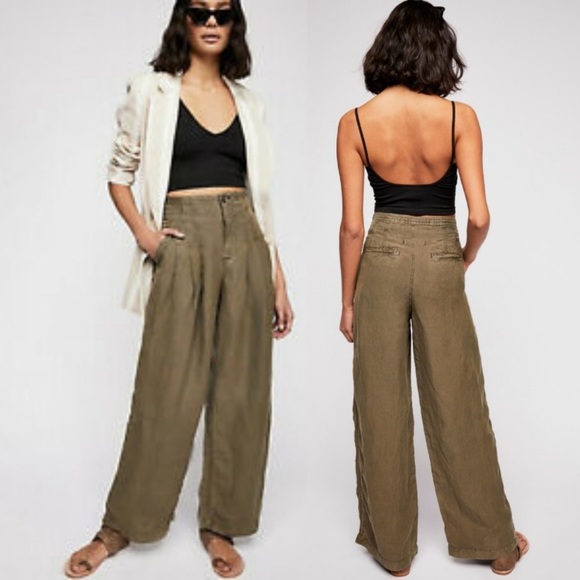 Free People Pants Jumpsuits Green Pleated Wide Leg Pants Poshmark